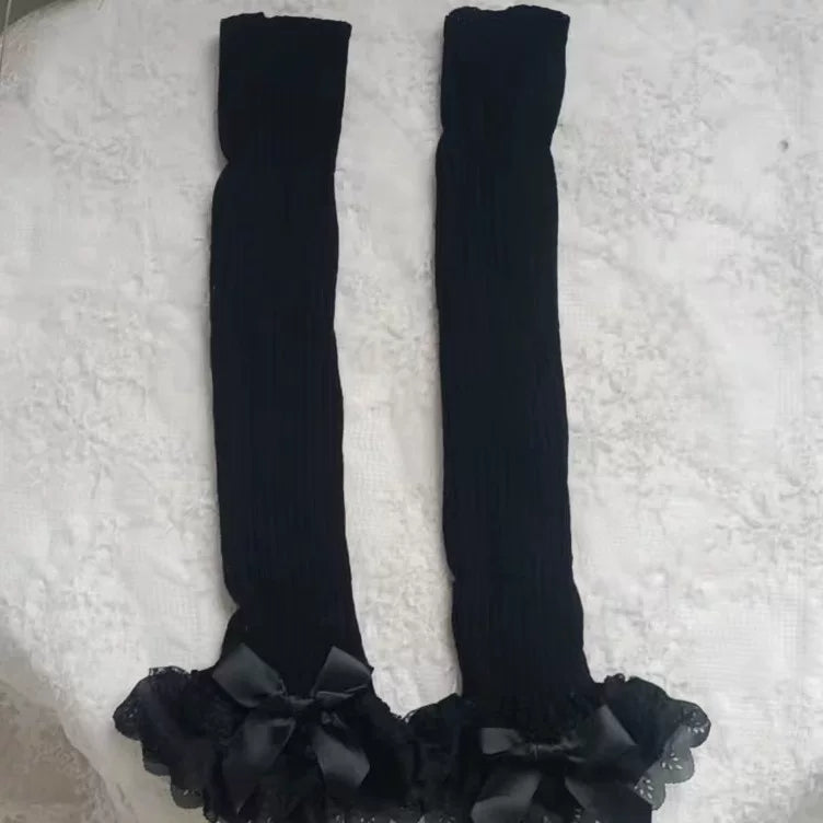 Fantasy Doll - Ruffled Bow - Calf Leg Warmers with Lace Trim and Bows