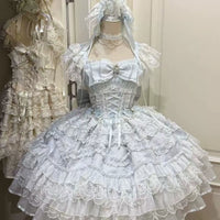 Pastel Bow Princess – Plus Size Sweet Lolita JSK Sets - Blue Single Item jsk Dress / 2XL (140-160 jin)