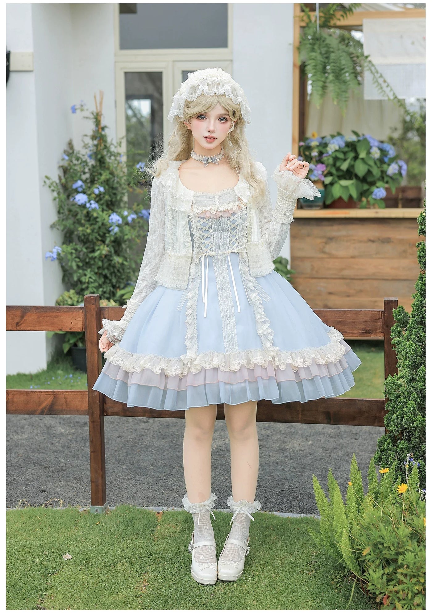 With PUJI - Island Diary - Classic Lolita Flutter Sleeve JSK Dress, Ruffled Lace