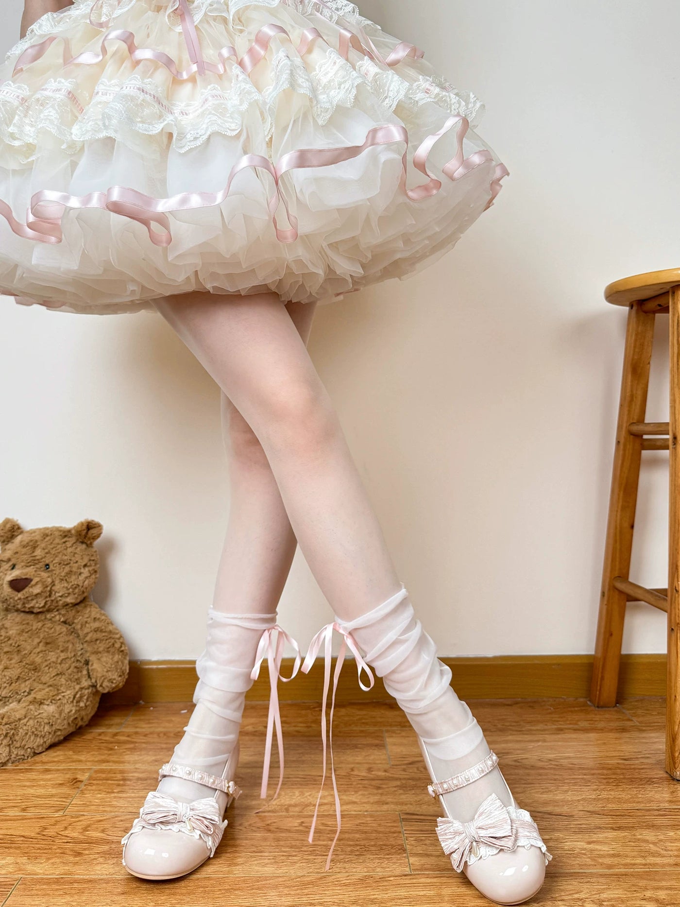 Chubby Bear Tales - Ballet Ribbon - Sheer Mid-Calf Socks with Ribbon Bows