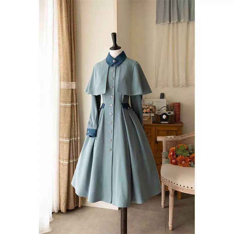 Sweetheart Dream Machine - Cedar Forest - Gray-Blue Lolita Coat with a Capelet Collar and Button Front