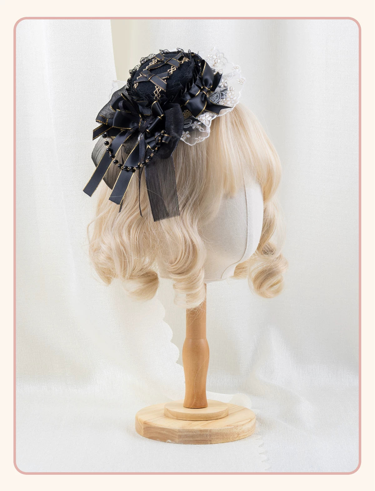 Stardust Rose - Night Banquet - Black-and-Gold Lolita Headwear with Lace and Bows