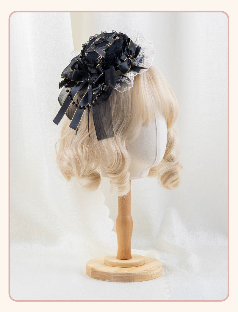 Stardust Rose - Night Banquet - Black-and-Gold Lolita Headwear with Lace and Bows