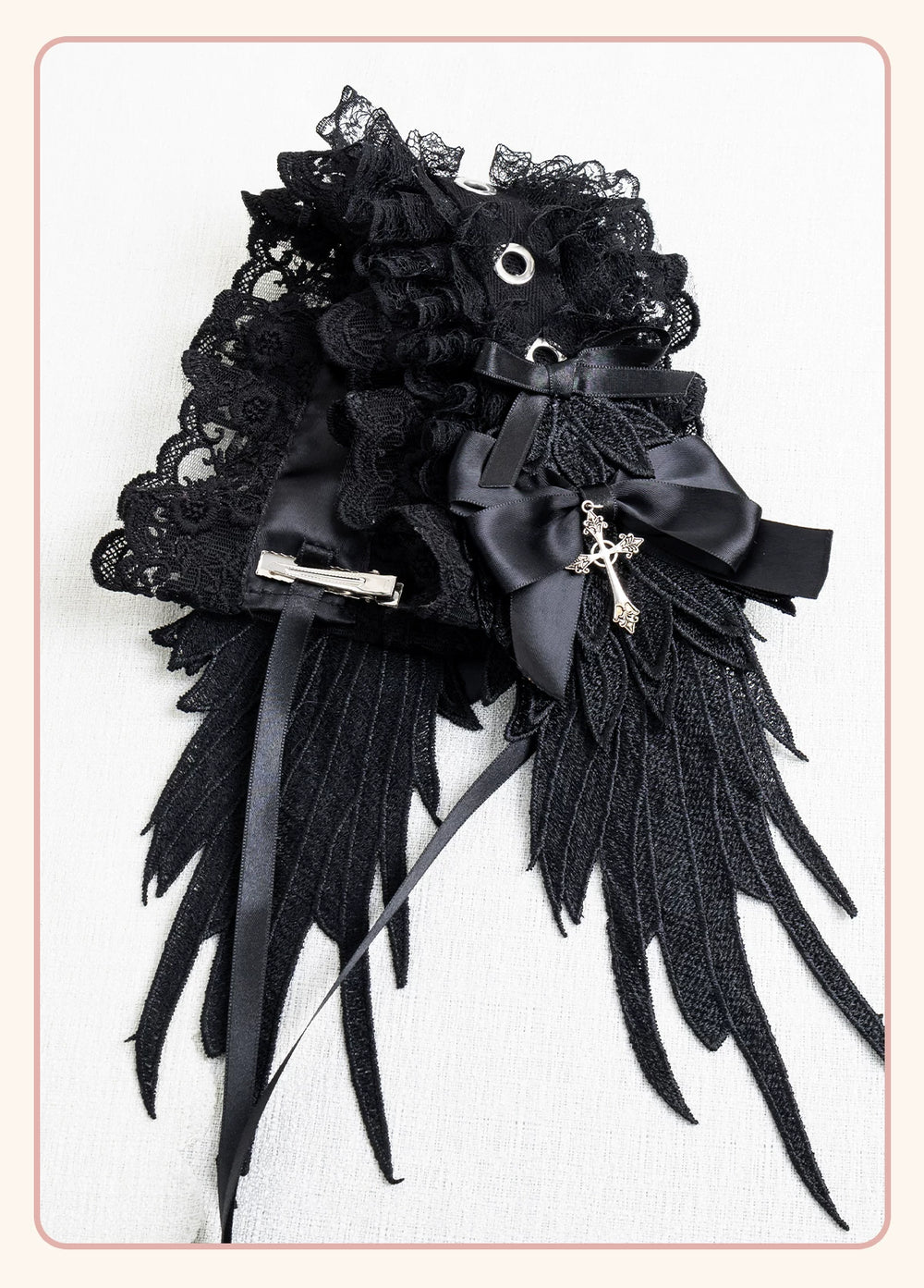 Stardust Rose black lace hand sleeves with layered ruffles, ribbon bows, and cross pendant