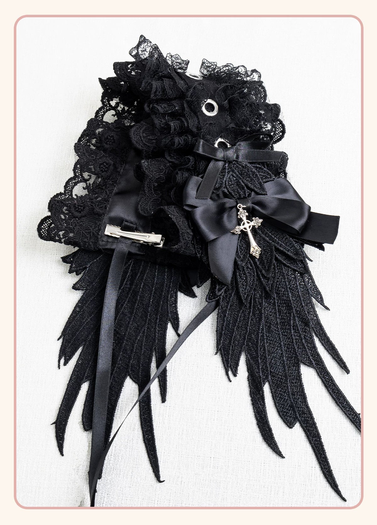 Stardust Rose black lace hand sleeves with layered ruffles, ribbon bows, and cross pendant