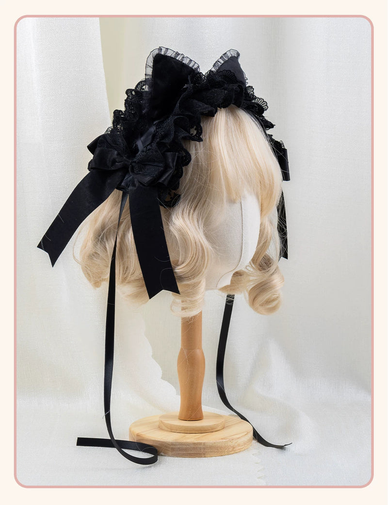 Stardust Rose - A035 Black Lace - Black Lace Headwear and Hand Sleeves with Ribbon Bows