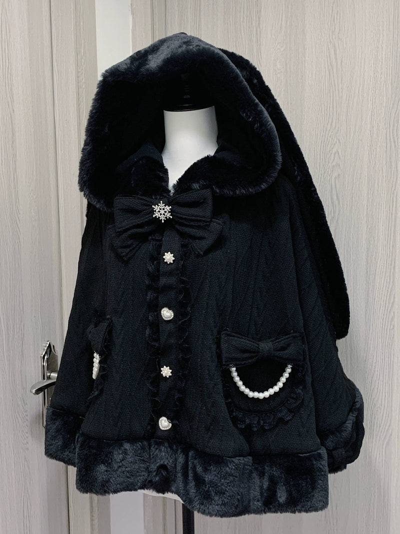 Virtual Heaven Bunny-Ear Bow & Pearl-Detail Cape — Black Cape - Lightweight, Ready-Stock Option