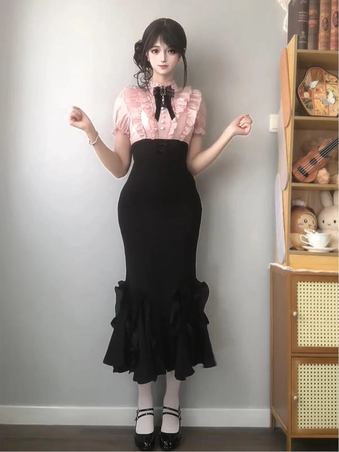 Creamy - Black-Pink Mermaid - One-Piece Dress with Lace-Trimmed Pink Bodice