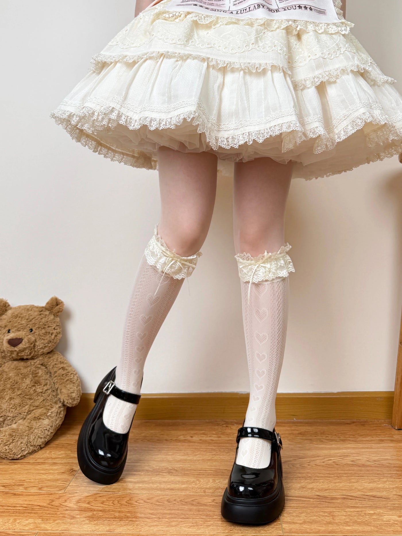 Chubby Bear Tales - Edith - Openwork Mid-Calf Socks with Lace Cuffs and Bows