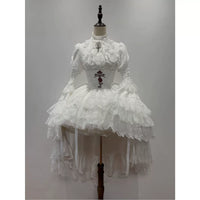 White Gothic Romance - White Blouse and Waist-Corset Skirt Set with Detachable Princess Sleeves - White short-sleeve blouse + bow tie + waist-corset skirt + detachable princess sleeves / S