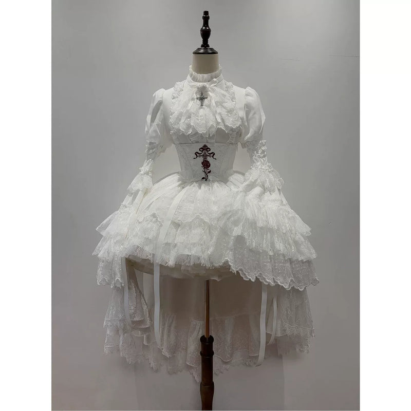 Creamy - White Gothic Romance - White Blouse and Waist-Corset Skirt Set with Detachable Princess Sleeves
