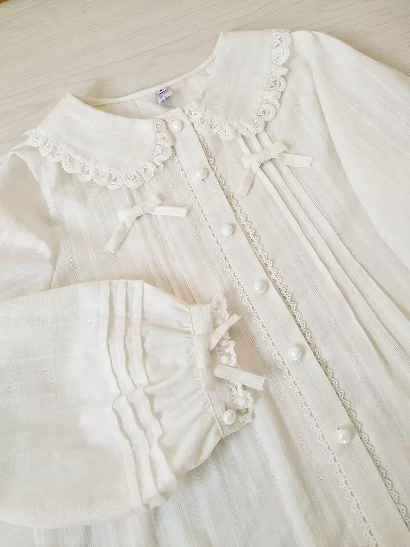 Sweetheart Dream Machine - Lace Collar Classic - Lace-Collar Long-Sleeve Blouse with Front Bows