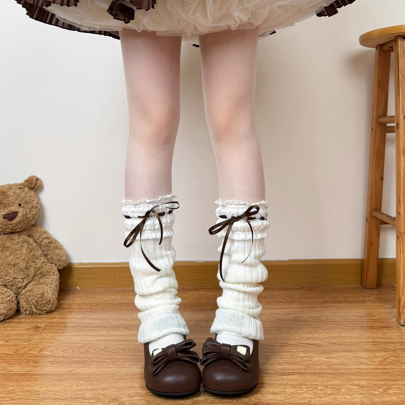 Chubby Bear Tales - Ribbon Scrunch Layers - Knit Leg Warmers with Lace Cuffs and Ribbon Ties