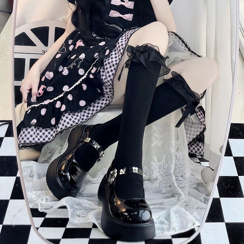 Floral Milk Cat - Bow Lace - Knee-high socks with ruffled tops and side bows