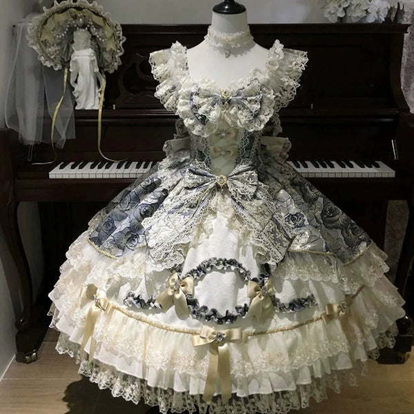 Xiao Xin doll-inspired sweet Lolita JSK Dress with layered lace trim on a mannequin