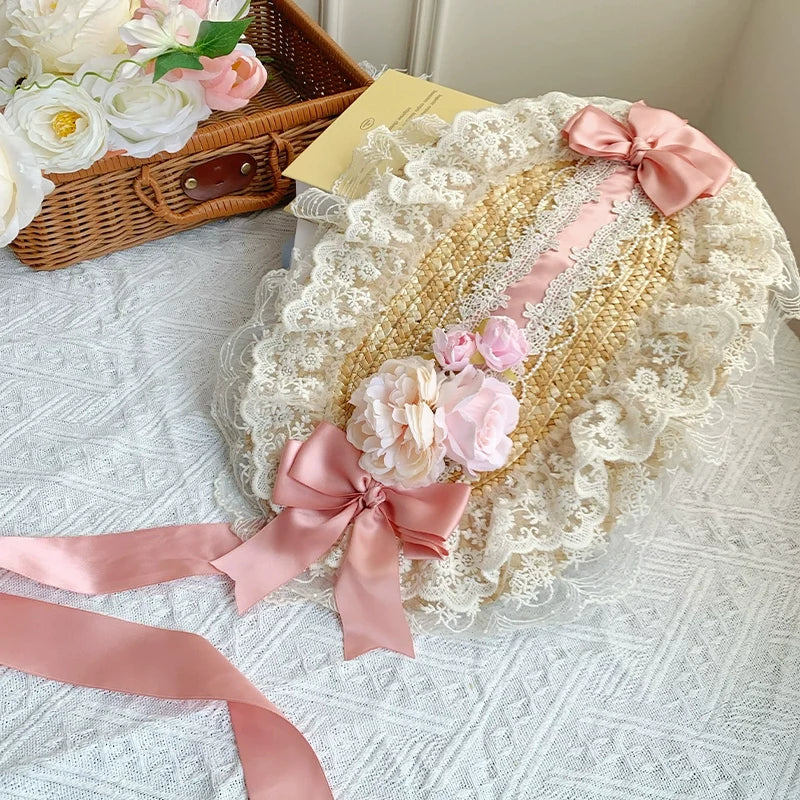 With PUJI - Floral Language - Country Lolita Lace Bow Flat Cap Straw Hat Pink