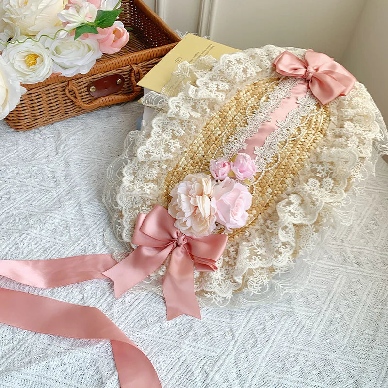 With PUJI - Floral Language - Country Lolita Lace Bow Flat Cap Straw Hat detail view 12