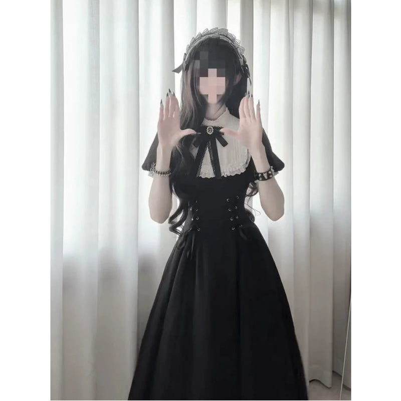 Creamy - Noir Ribbon - Black-and-White Gothic OP Dress with Lace-Up Waist