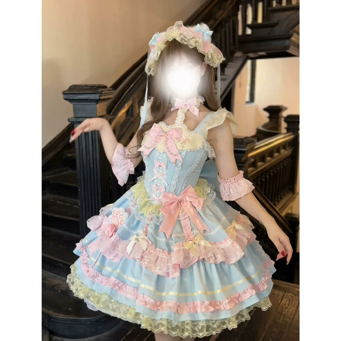 Creamy - Candy Pastel Princess - Pastel Blue-and-Pink JSK Dress with Layered Lace Ruffles