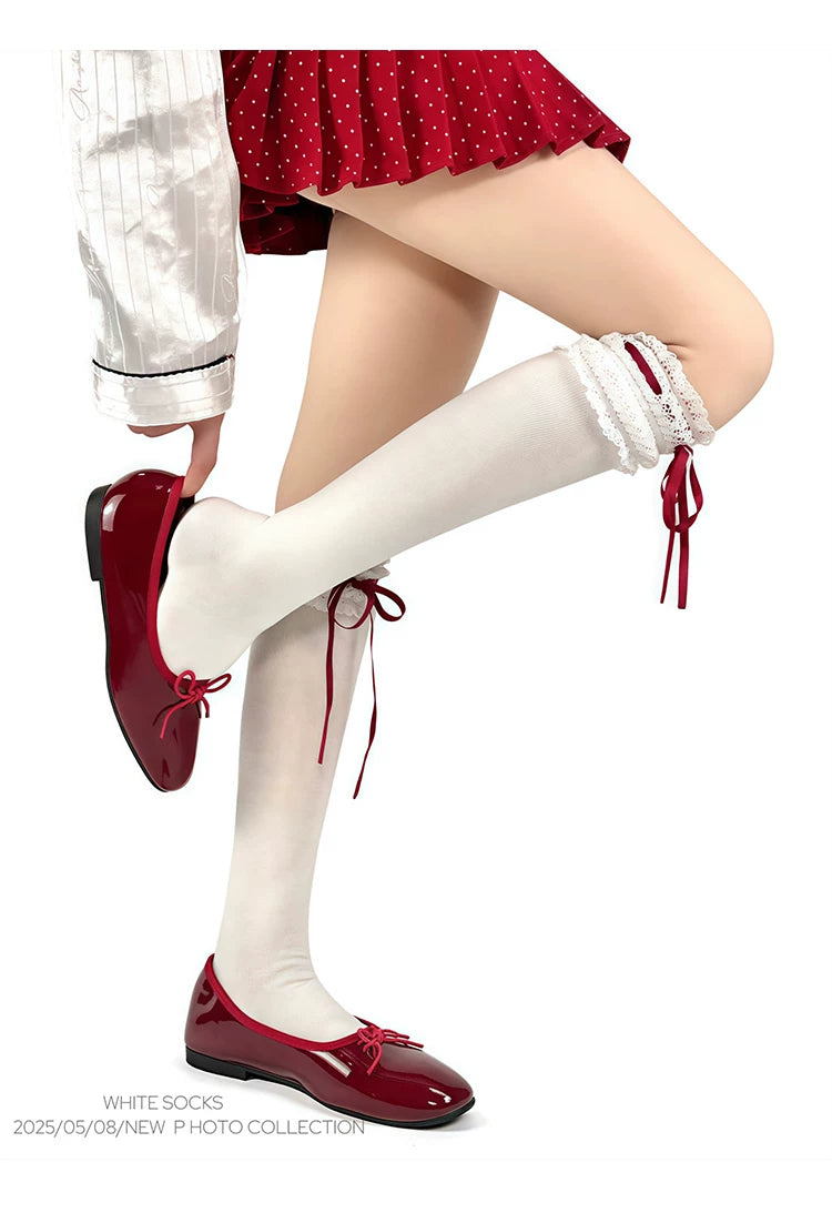 White Socks - Ribbon Ballet - Lace-Trim Slouch Socks with Ribbon Ties