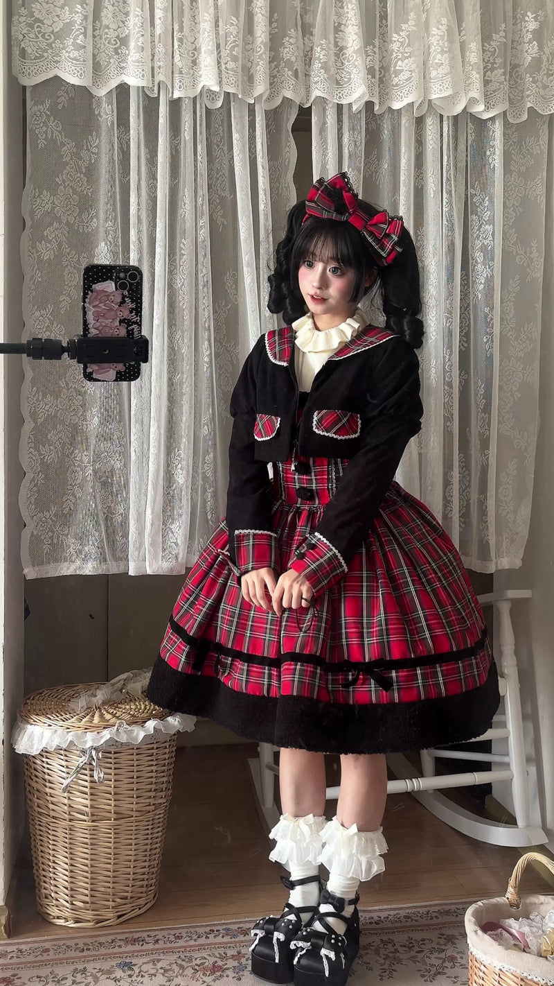 Red plaid Lolita JSK styled with the matching cropped jacket