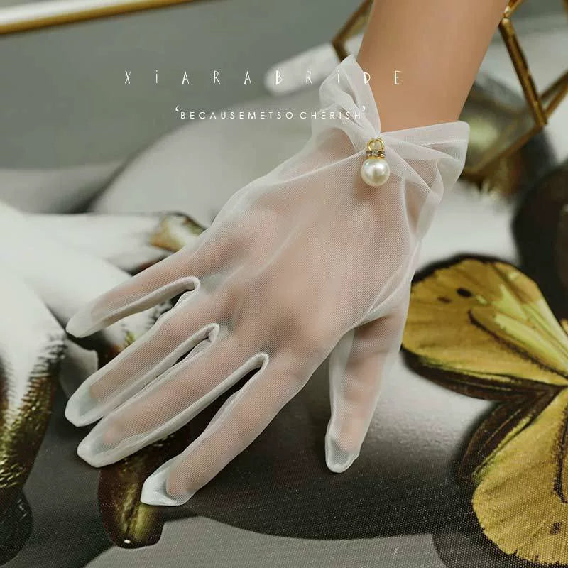 Fantasy Doll - Pearl Bridal - White or Black Mesh Gloves with Pearl Details