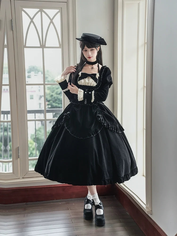 With PUJI - Apocalypse - Gothic Lolita Velvet OP Dress Set, Fishbone Waist