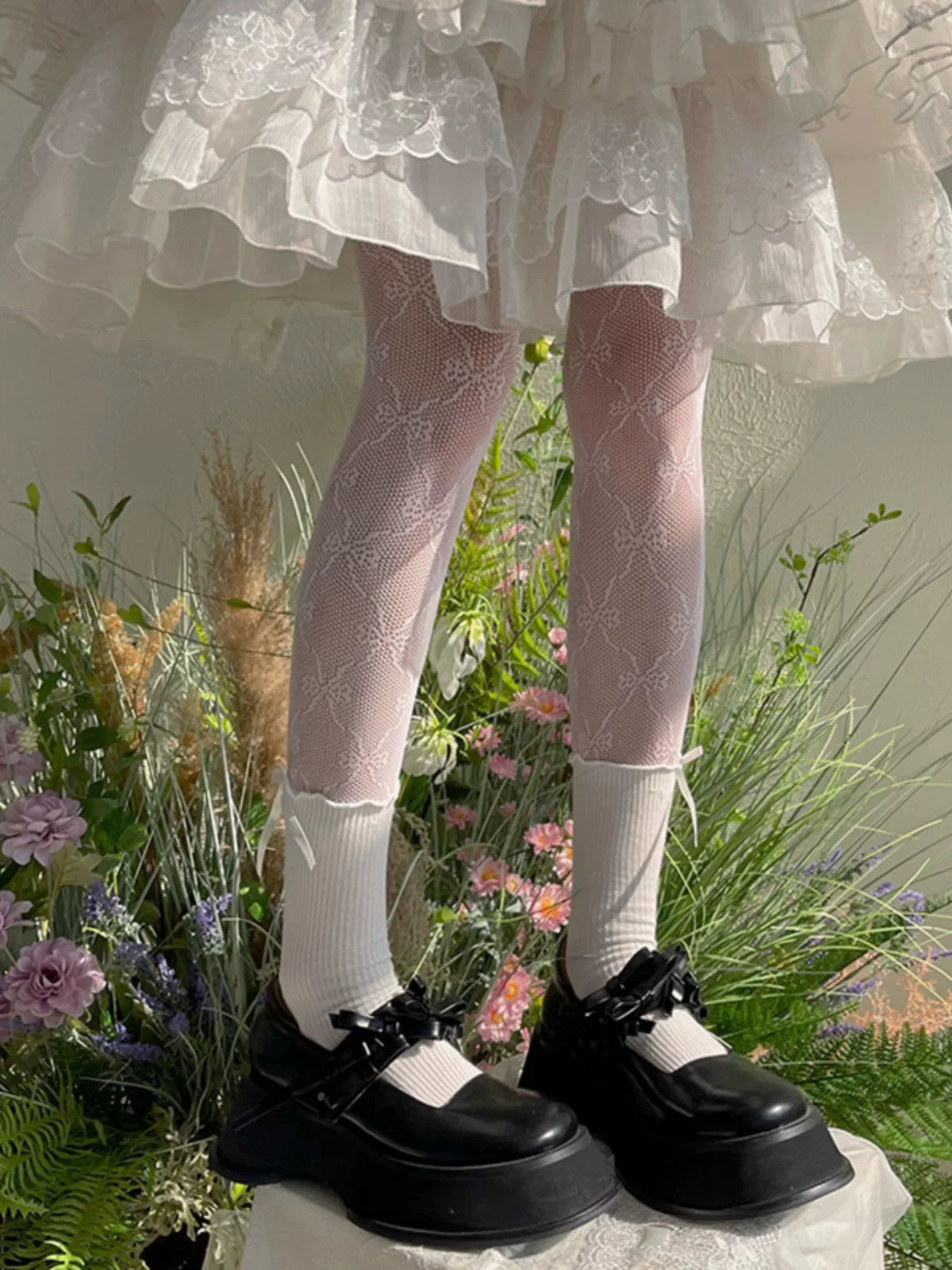 Sock Noble - Bow Lace - White or Black Lace-Panel Tights