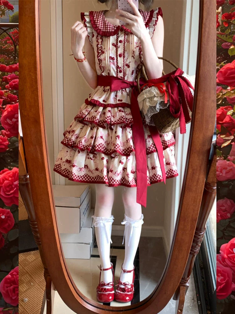 Dream Bunny - The Cherries Are Ripe - Cherry-Print Lolita Fashion Set with Gingham Ruffles