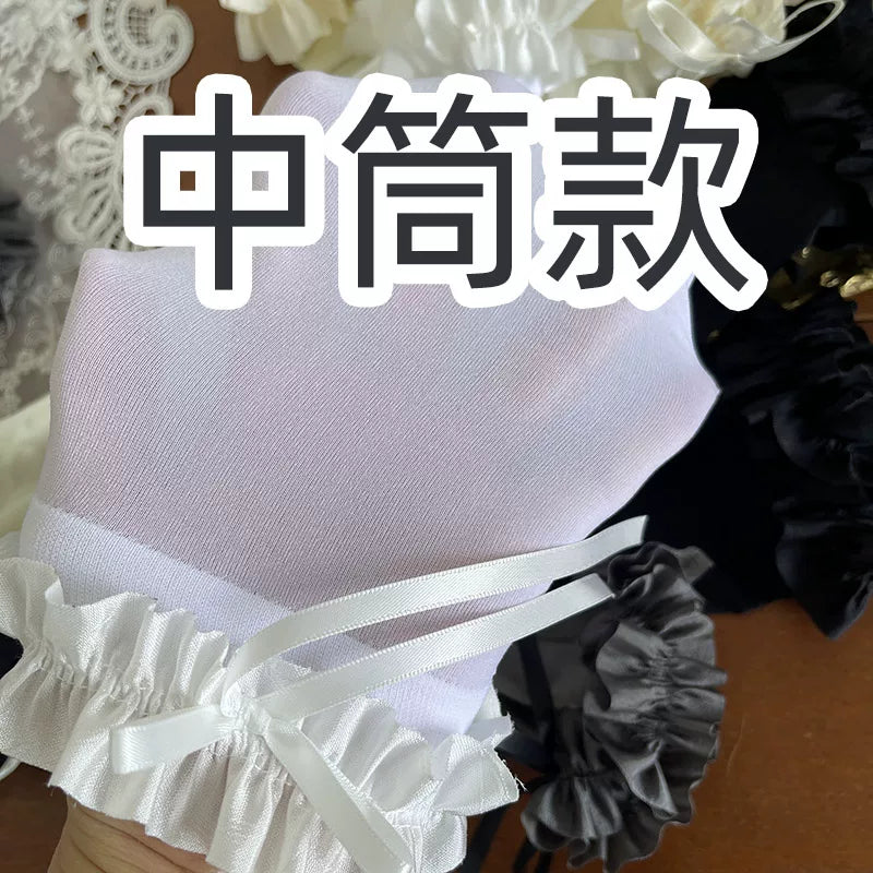 White mid-calf velvet lace bow lolita sock