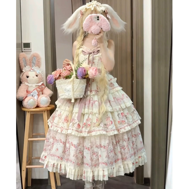 Xiao Xin - Secret Garden - Floral JSK suspender dress with tiered ruffles