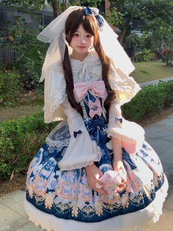 Navy Winter Snowball printed JSK with coordinated cape and headwear