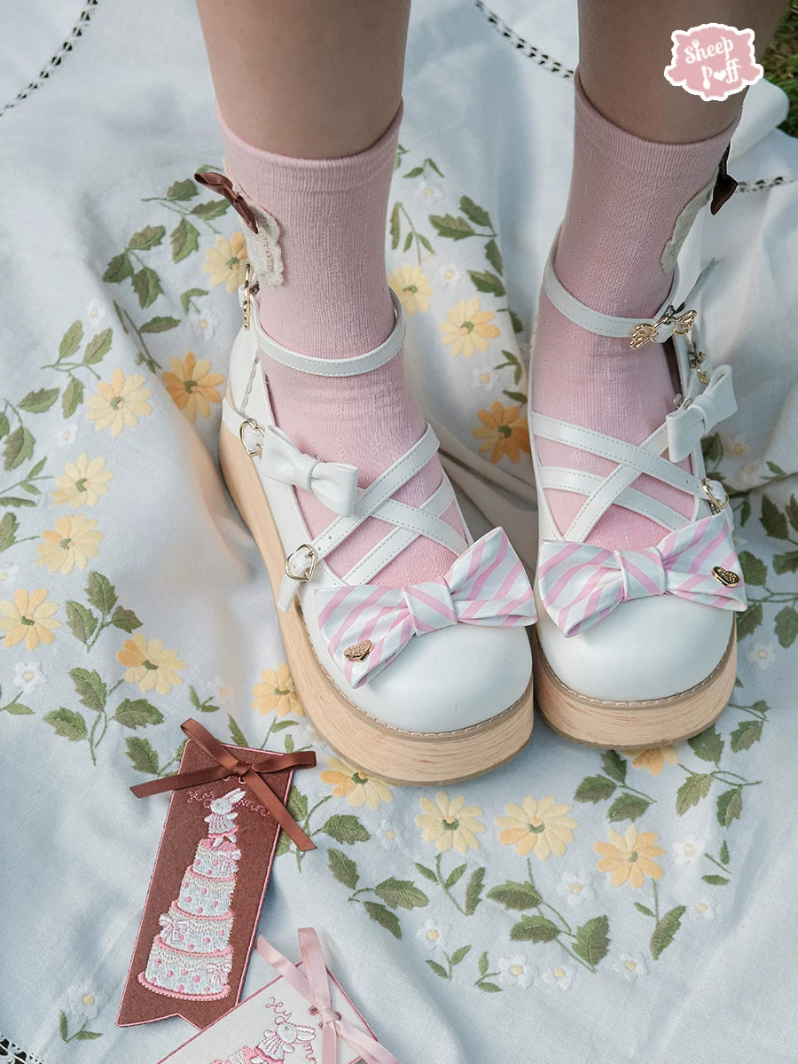 Sheep Puff Candy Tea Platform Lolita Shoes in white with cute sheep puff details and chunky soles, stylish and comfortable footwear