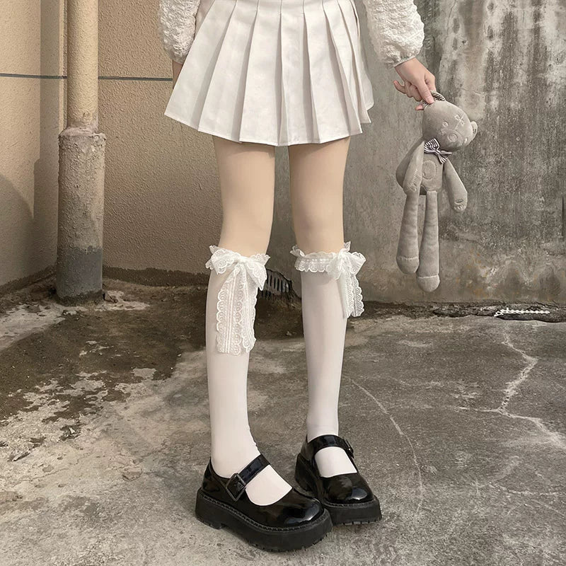 Floral Milk Cat - Lace Bow Tube - Tube Socks with Lace Cuffs and Bow Ties