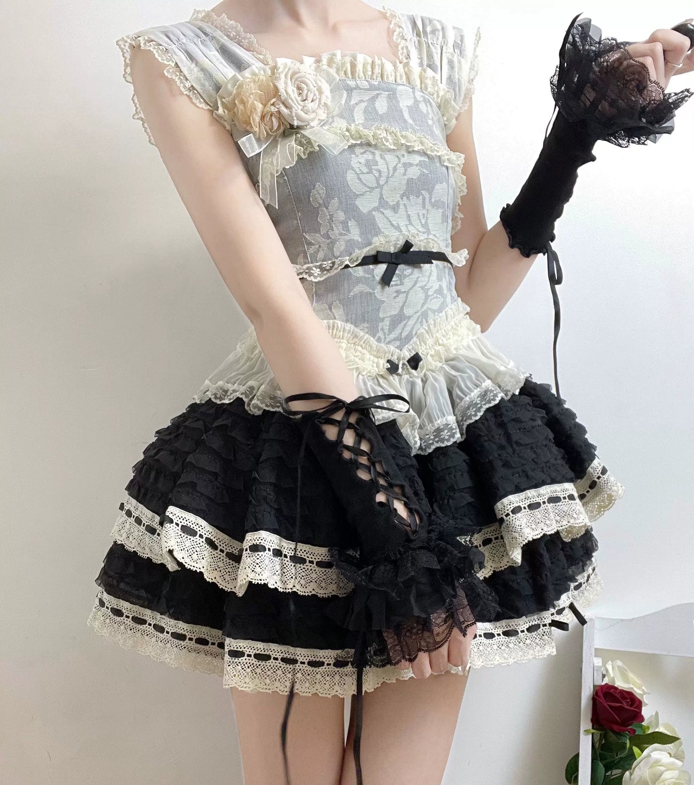Fantasy Doll - Ribbon Lace-Up - Lace-Trimmed Arm Sleeves with Ribbon Ties