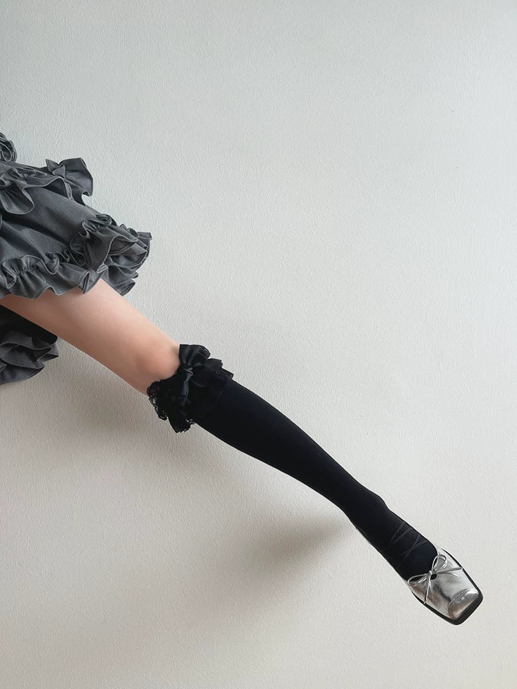 Sock Noble - French Lace Bow - White or Black Lace Socks with Three-Layer Trim