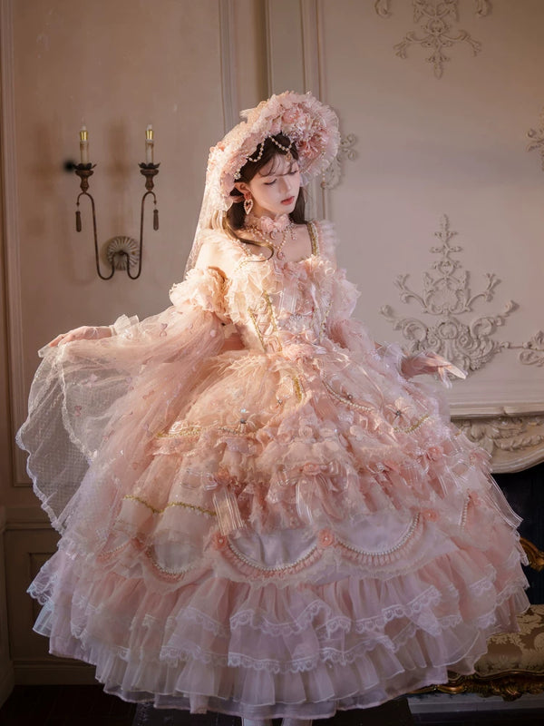 Misty pink sweet lolita JSK with tiered bell skirt and floral appliqués