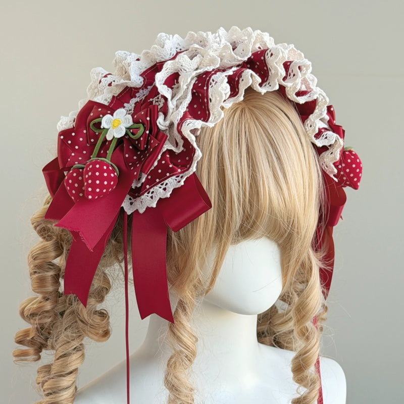 Her Vintage Society Strawberry Garden Red Riding Hood — No. 6 Red Strawberry Wide Headdress with Hidden Clip