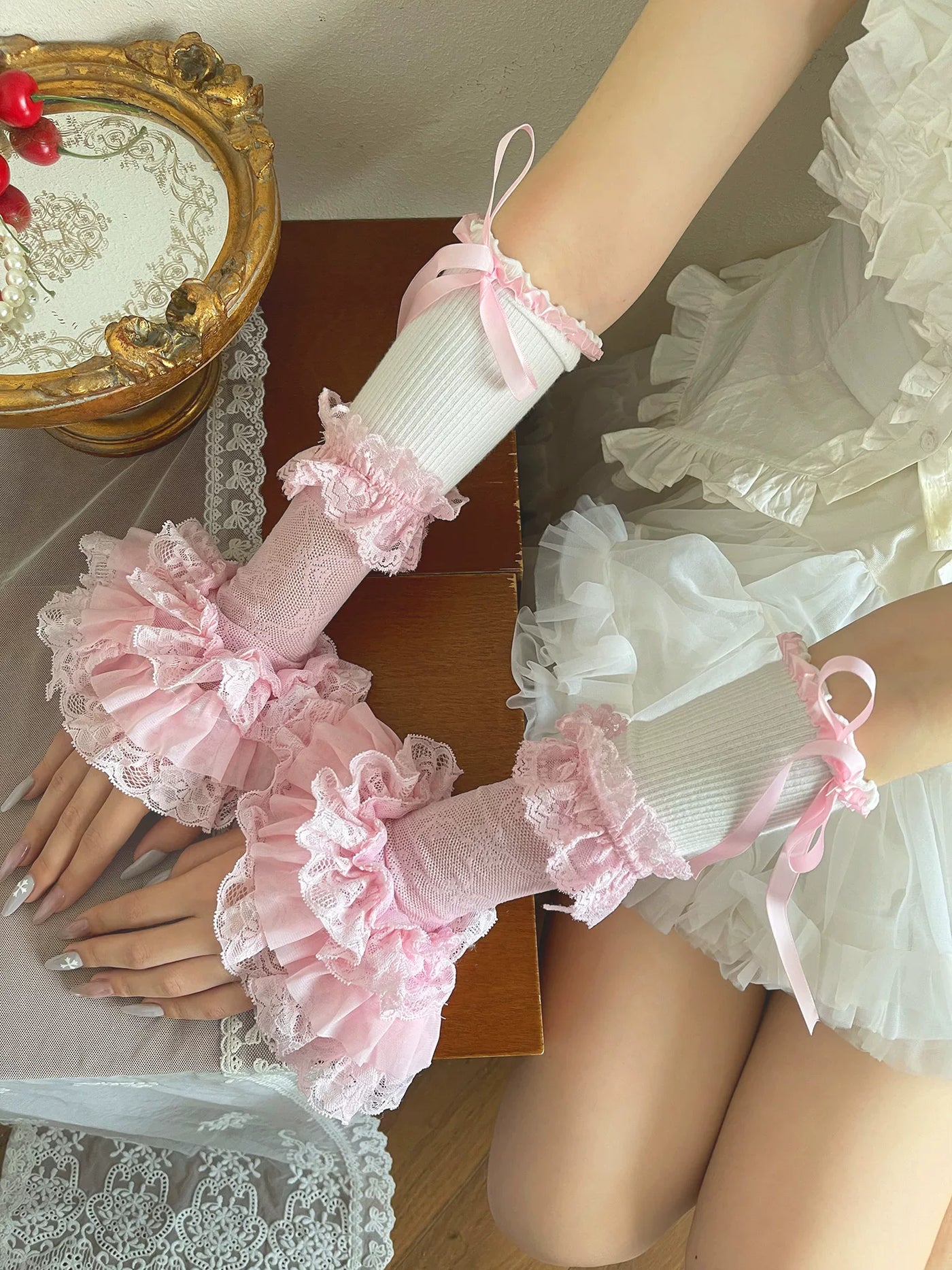 Sock Noble - Pink Patchwork Lace - Long Arm Sleeves with Lace Ruffles