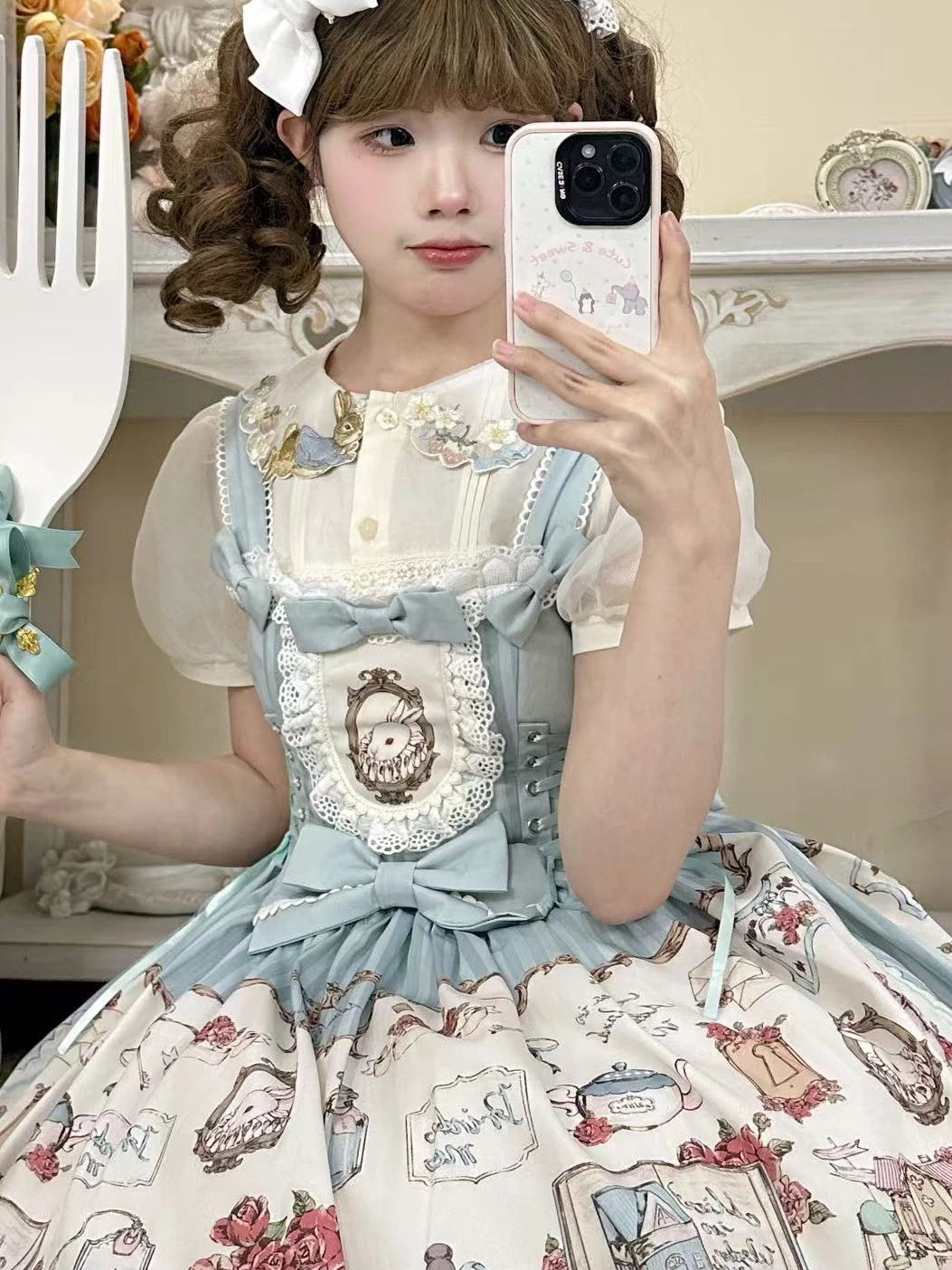 Cat Upon Cat - Rabbit's Collection Box - Rabbit-Print JSK Dress with Lace Bib