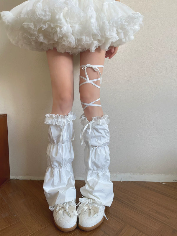 White Sweet Lolita tiered leg coverings with ribbon ties and ruffled cuffs