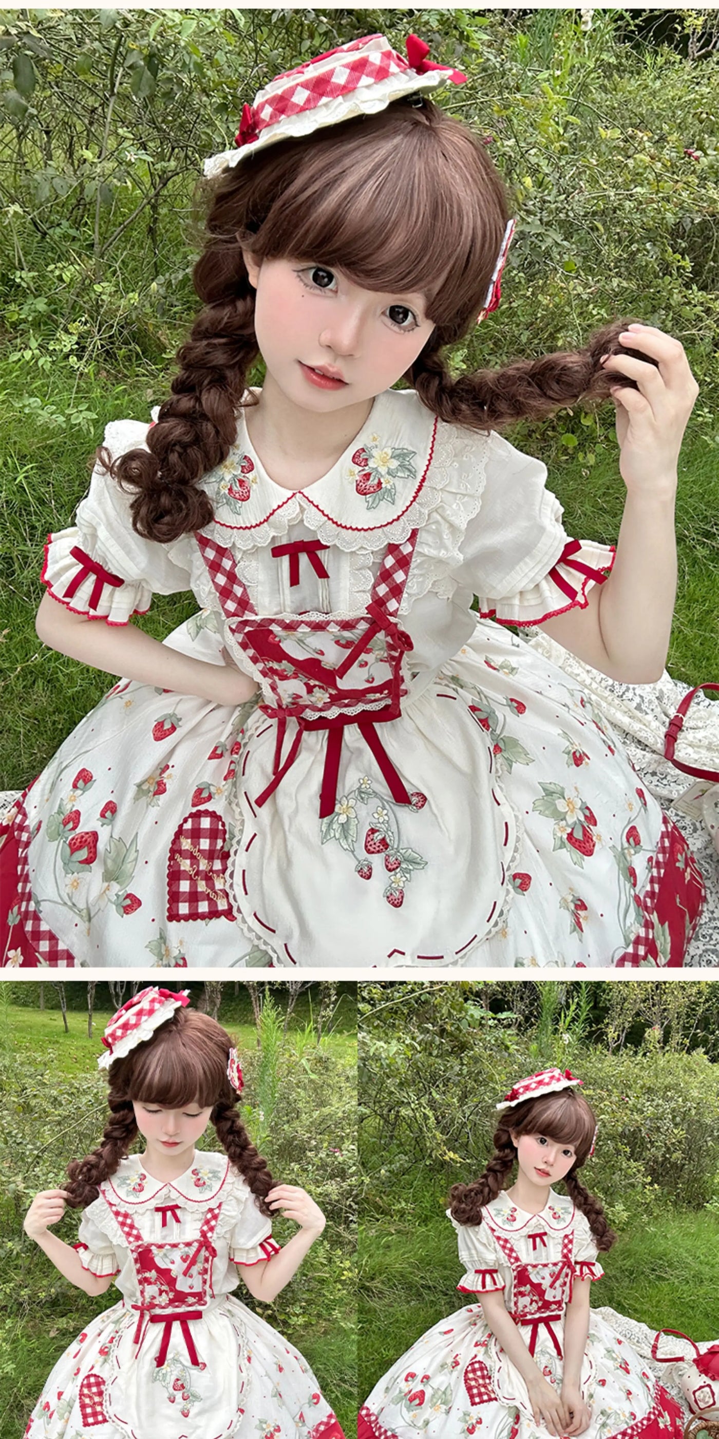 Baozi Pig - Strawberry Orchard - Short-Sleeve Lolita Blouse with a Strawberry-Embroidered Collar
