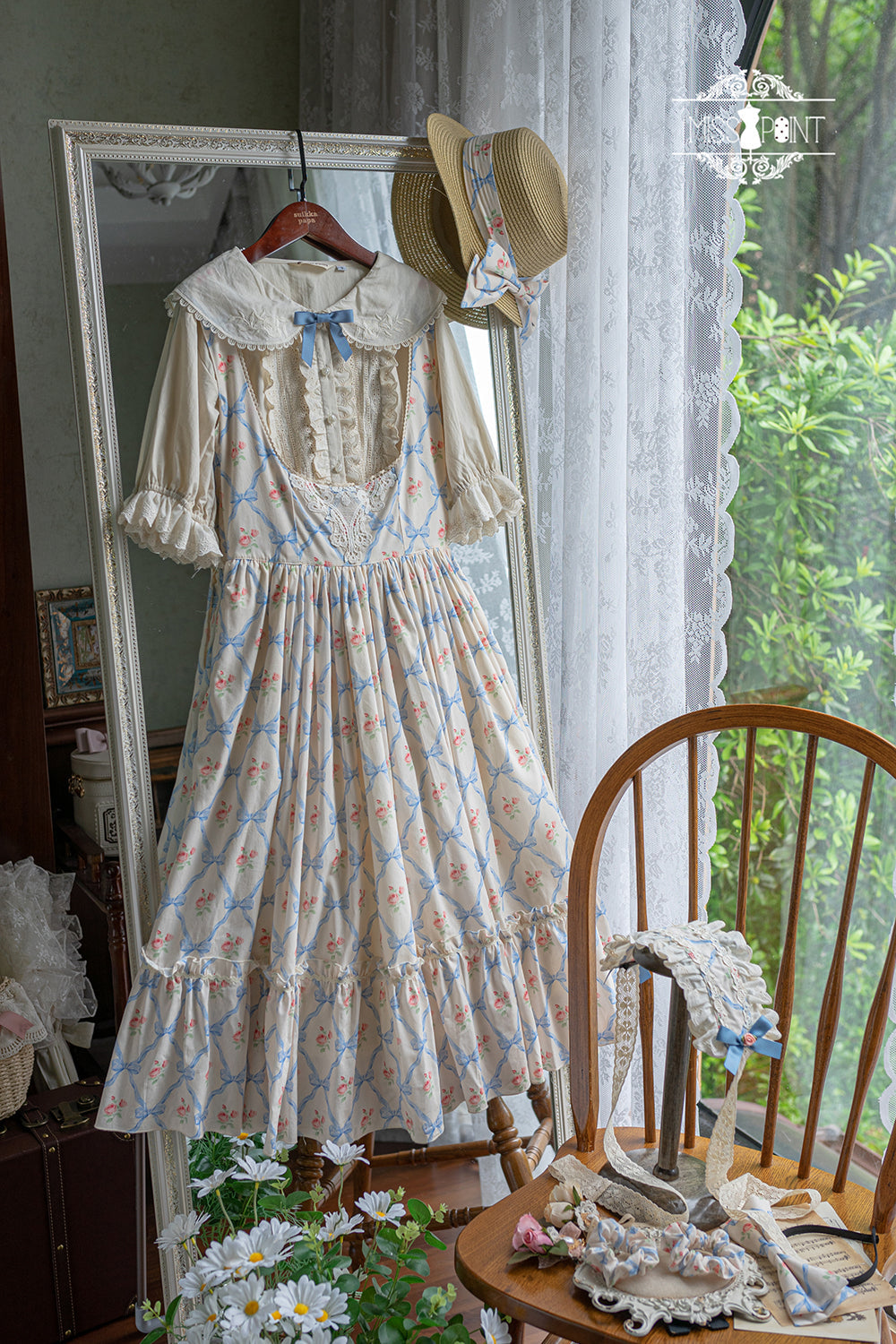 Happy Summer - Elegant Lolita Floral JSK Dress XS blue rhombic lattice JSK