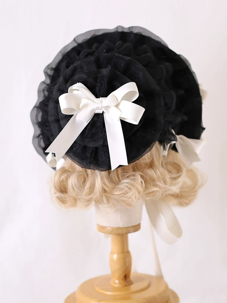 Xiaogui - Classic Lolita Lace Bonnet Hat - Detachable Bows Headwear