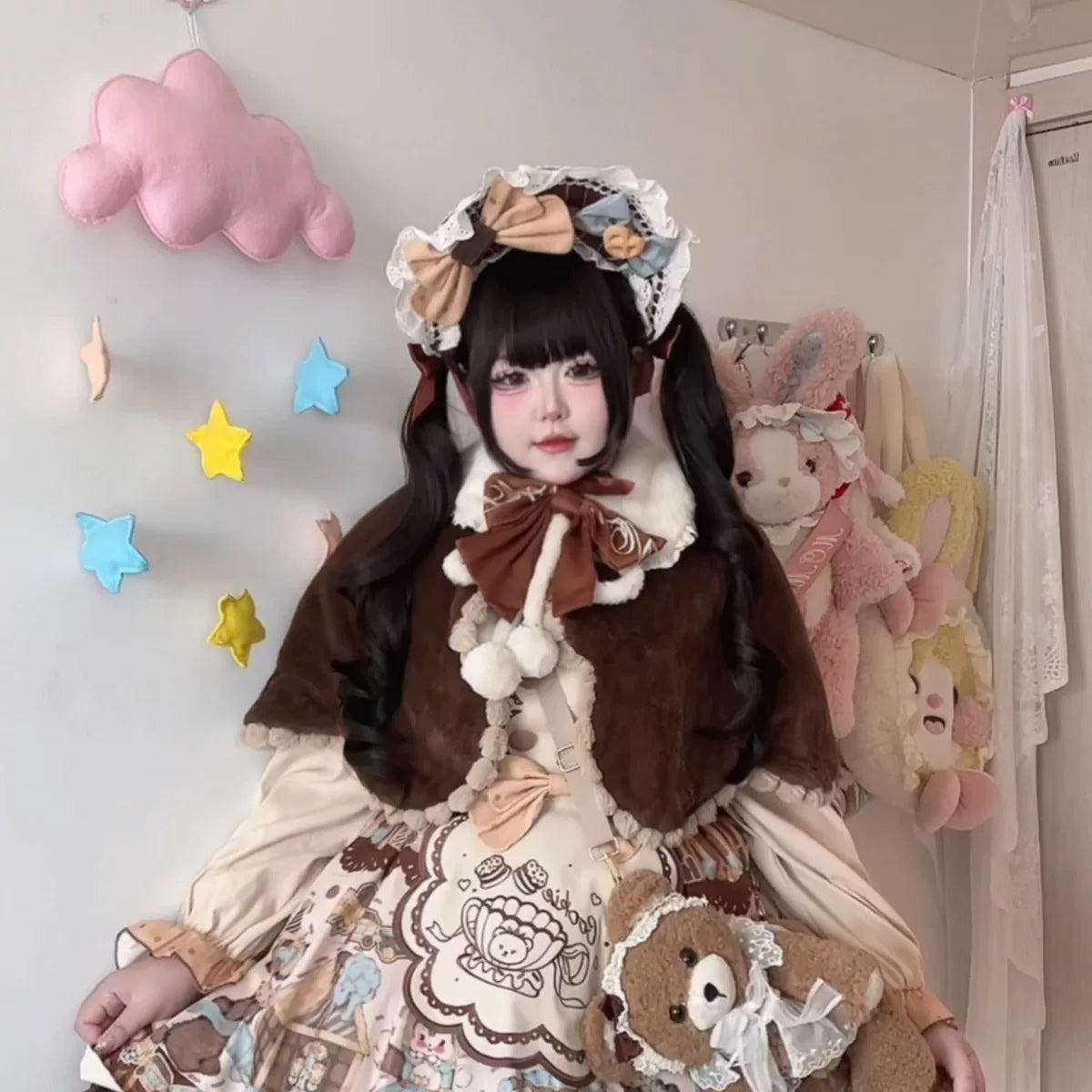Star Fantasy - Bear Biscuit - Brown Cape with White Pom-Pom Trim
