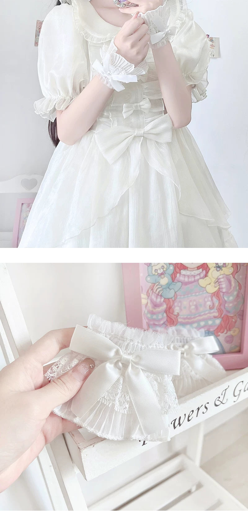Floral Milk Cat - Bow Lace - Two-piece sleeve cuff set with lace bows