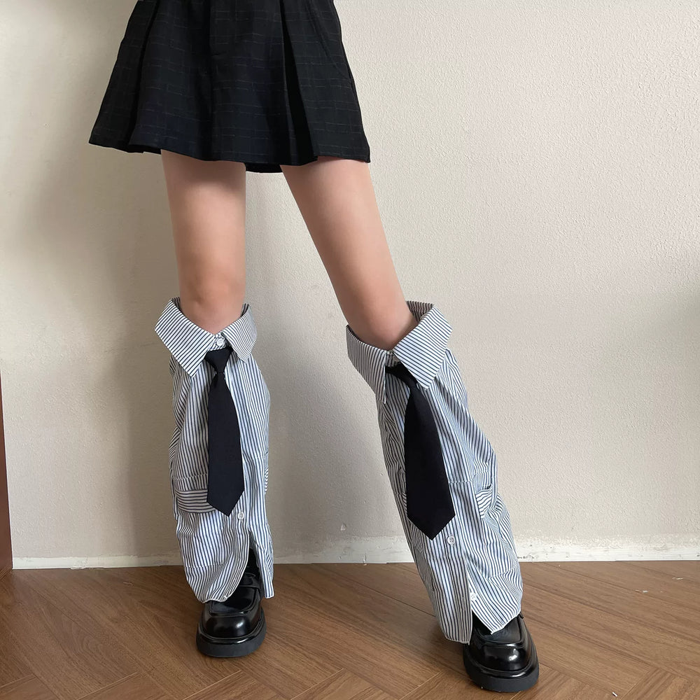 Blue-and-white striped Sock Noble sock covers with a shirt-style collar and black tie