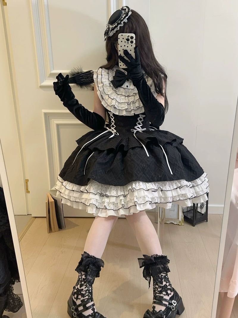 Alice - Black Heiress - Black One-Piece Dress with White Ruffle Collar