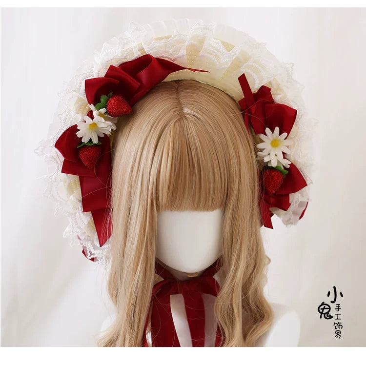 Xiaogui - Sweet Lolita Hat Strawberry Bonnet - with Lace and Bow Headwear