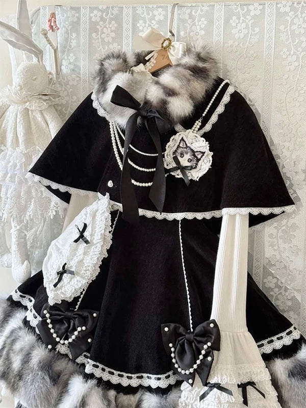 Creamy - Sweet Bow Layer - Bow Suspender Dress Set with Layering Top and Lace Short Cape